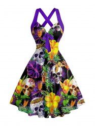 Robe A-Line Hawaii Halter Entrecroisée à Imprimé Tropical Crânes, Feuilles et Fleurs - Pourpre  XXXL