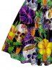 Robe A-Line Hawaii Halter Entrecroisée à Imprimé Tropical Crânes, Feuilles et Fleurs - Pourpre  XXXL