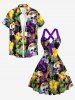Robe A-Line Hawaii Halter Entrecroisée à Imprimé Tropical Crânes, Feuilles et Fleurs - Pourpre  XXXL