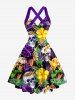 Robe A-Line Hawaii Halter Entrecroisée à Imprimé Tropical Crânes, Feuilles et Fleurs - Pourpre  XXXL