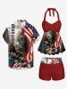 Patriotic American Flag Eagle Print Twist Halter Boyleg Tankini Swimsuit -  