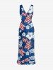 Patriotic American Flag Hibiscus Flower Print Hawaii Ruffles Split Dress - Bleu Ciel S