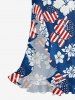 Patriotic American Flag Hibiscus Flower Print Hawaii Ruffles Split Dress - Bleu Ciel S