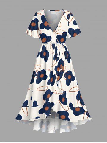 Plus Size Flower Leaf Print Hawaii Ruffles A Line Dress - DEEP BLUE - XS