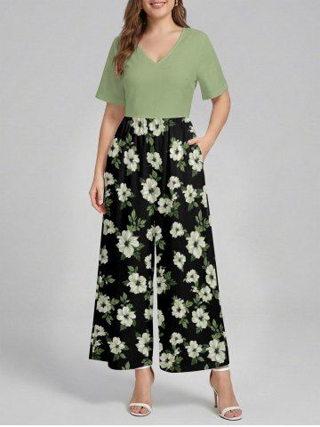 Flower Leaf Print Hawaii Wide Leg Jumpsuit - BLACK - L