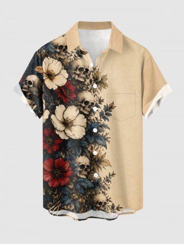 Plus Size Skull Flowers Leaf Print Buttons Pocket Hawaii Shirt For Men