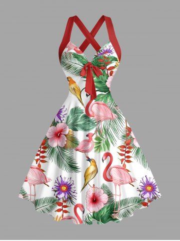 Tropical Leaf Hibiscus Flower Flamingo Print Hawaii Halter Crisscross A Line Dress