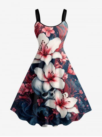 Plus Size Skull Flower Sea Waves Print Hawaii A Line Dress