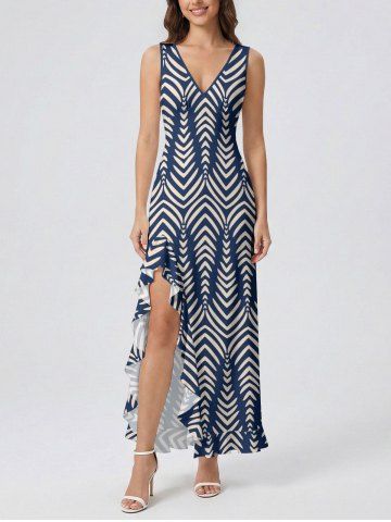 Plus Size Ethnic Pattern Print Hawaii Ruffles Split Surplice Dress - DEEP BLUE - XL