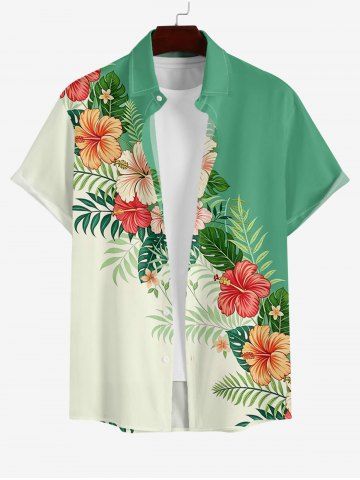 Plus Size Hibiscus Flower Tropical Leaf Colorblock Print Buttons Pocket Hawaii Shirt For Men - GREEN - 2XL