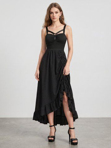 Solid Textured Ruffles Ruched Asymmetric Dress - BLACK - XL