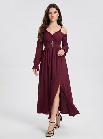 Cold Shoulder Textured Solid Split A Line Dress - RED WINE - XXL