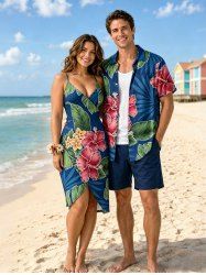 Tropical Leaf Hibiscus Flower Print Matching Hawaii Beach Outfit For Couples -  
