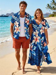 Flowers Tropical Leaf Print  Matching Hawaii Beach Outfit For Couples -  