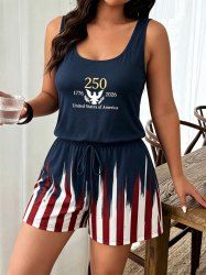 Patriotic American Flag Print Drawstring Pocket Romper -  