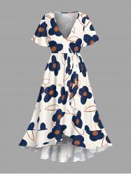 Plus Size Flower Leaf Print Hawaii Ruffles A Line Dress - Bleu profond S