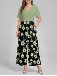 Flower Leaf Print Hawaii Wide Leg Jumpsuit -  