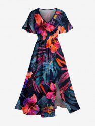 Plus Size Hibiscus Flower Tropical Leaf Print Split Hawaii Midi Dress -  