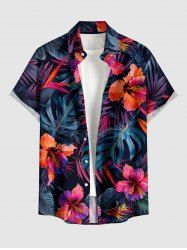 Plus Size Hibiscus Flower Tropical Leaf Print Buttons Pocket Hawaii Shirt For Men - Rouge Rose L