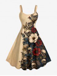 Plus Size Skull Flowers Leaf Print Hawaii Tank Dress - Bronze 5X