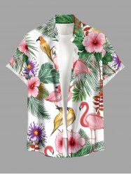 Plus Size Tropical Leaf Hibiscus Flower Flamingo Print Hawaii Button Pocket Shirt For Men - Rose clair XL