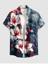 Plus Size Skull Flower Sea Waves Print Hawaii Button Pocket Shirt For Men - Bleu profond 5XL