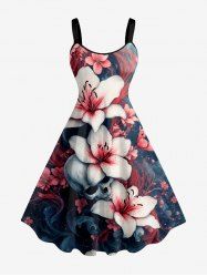 Plus Size Skull Flower Sea Waves Print Hawaii A Line Dress - Bleu profond 5X