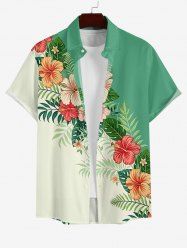 Plus Size Hibiscus Flower Tropical Leaf Colorblock Print Buttons Pocket Hawaii Shirt For Men -  
