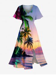 Coconut Tree Ombre Dusk Print Hawaii Split Pocket A Line Midi Dress - Violet clair 3X