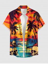 Chemise Hawaï à boutons avec poche, motif crânes, cocotier et coucher de soleil sur la mer, pour homme - Orange 3XL