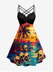 Robe en A à imprimé crânes, cocotier, mer et coucher de soleil Hawaï, ruchée et entre-croisée - Orange XXS