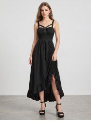 Solid Textured Ruffles Ruched Asymmetric Dress -  