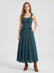 Robe trapèze unie texturée à lacets avec poches - Paon Bleu M