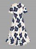 Flower Leaf Print Hawaii Ruffles A Line Dress -  