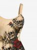 Plus Size Skull Flowers Leaf Print Hawaii Tank Dress - Bronze 5X