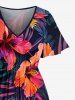 Plus Size Hibiscus Flower Tropical Leaf Print Split Hawaii Midi Dress -  