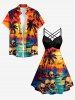 Robe en A à imprimé crânes, cocotier, mer et coucher de soleil Hawaï, ruchée et entre-croisée - Orange XXS
