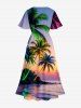 Coconut Tree Ombre Dusk Print Hawaii Split Pocket A Line Midi Dress - Violet clair 3X