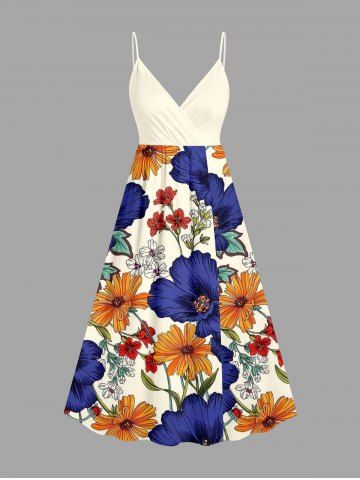 Plus Size Flower Leaf Print Hawaii Surplice A Line Dress - DEEP BLUE - XS