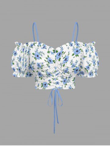 Plus Size Flowers Leaf Print Cinched Ruffles Ruched Cold Shoulder Hawaii Cami Top - POWDER BLUE - S