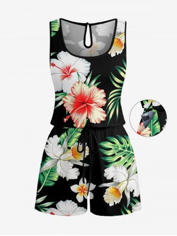Tropical Leaf Hibiscus Flower Print Hawaii Drawstring Pocket Romper - GREEN - XS