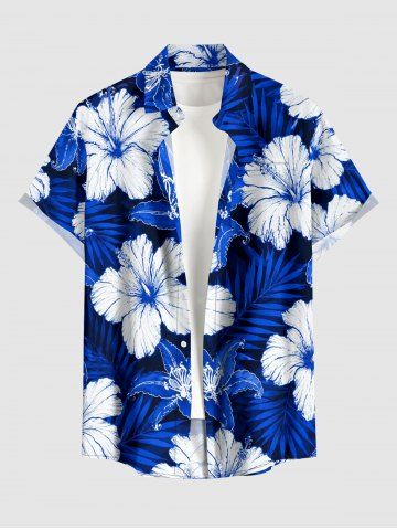 Plus Size Hibiscus Flower Tropical Leaf Print Buttons Pocket Hawaii Shirt For Men - BLUE - S