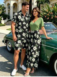 Flower Leaf Print Matching Hawaii Beach Outfit For Couples - Noir 