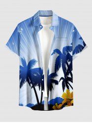 Plus Size Coconut Tree Flower Print Hawaii Button Pocket Shirt For Men -  
