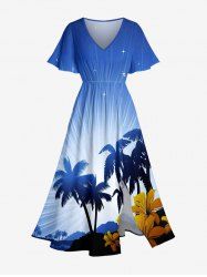 Plus Size Coconut Tree Flower Print Hawaii Split Pocket A Line Midi Dress -  