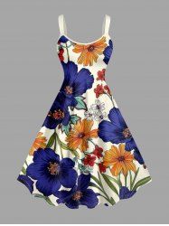 Plus Size Flower Leaf Print Hawaii A Line Dress -  