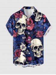 Plus Size Skulls Flowers Print Buttons Pocket Hawaii Shirt For Men -  