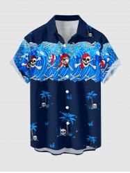 Plus Size Coconut Tree Skulls Sea Waves Print Buttons Pocket Hawaii Shirt For Men -  