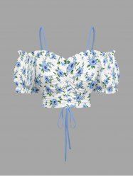 Flowers Leaf Print Cinched Ruffles Ruched Cold Shoulder Hawaii Cami Top - Bleu Poudre 3X
