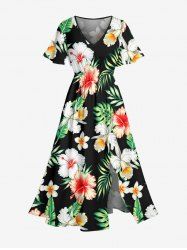 Tropical Leaf Hibiscus Flower Print Hawaii Split Pocket A Line Midi Dress -  